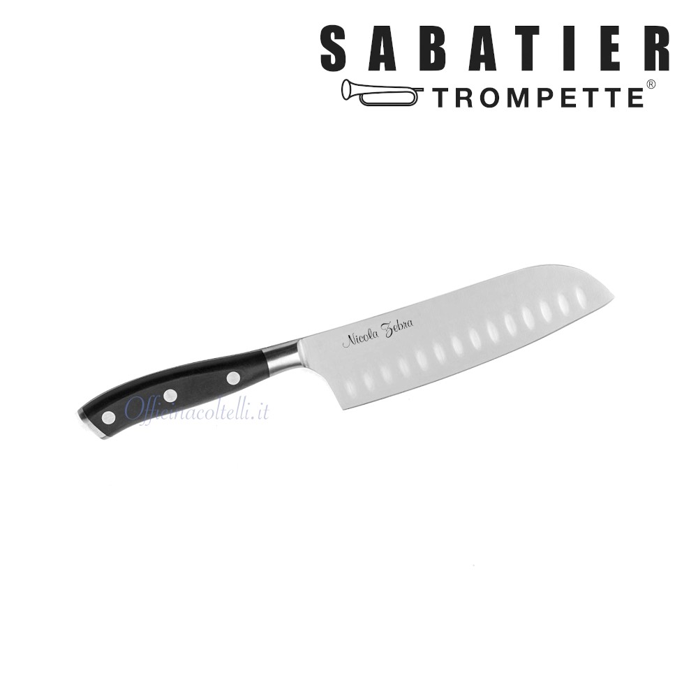 Esempio personalizzazione al laser coltello Santoku Sabatier Trompette Vulcano